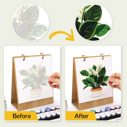 A before-and-after comparison showing a hand painting a houseplant illustration on a small easel. The left panel labeled 'Before' shows a faint gray sketch, and the right panel labeled 'After' shows a detailed green plant illustration.