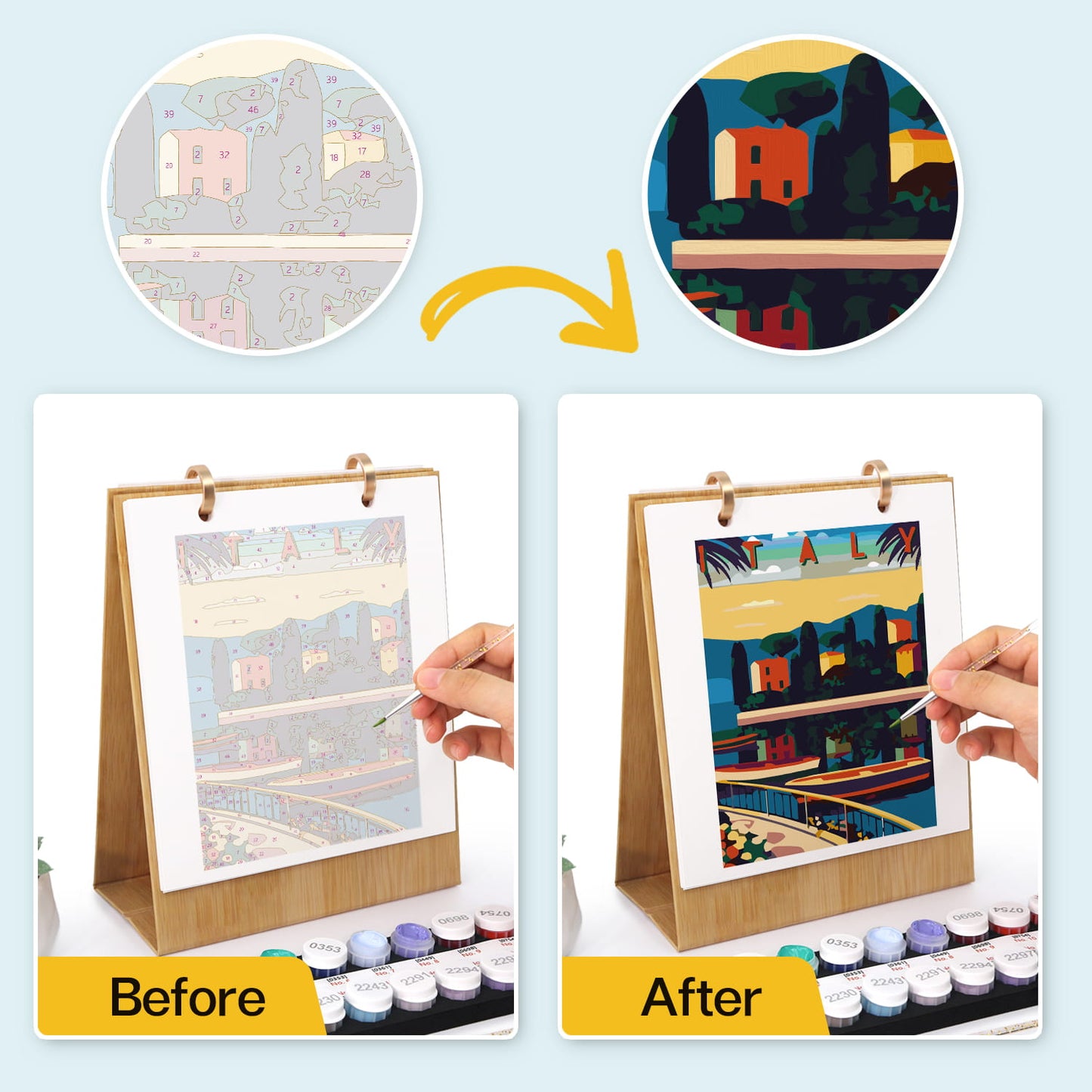 A before-and-after comparison showing a wooden A-frame painting easel with a partially painted scenic artwork. The left 'Before' panel shows a hand holding a paintbrush over a mostly blank, light-colored canvas.
