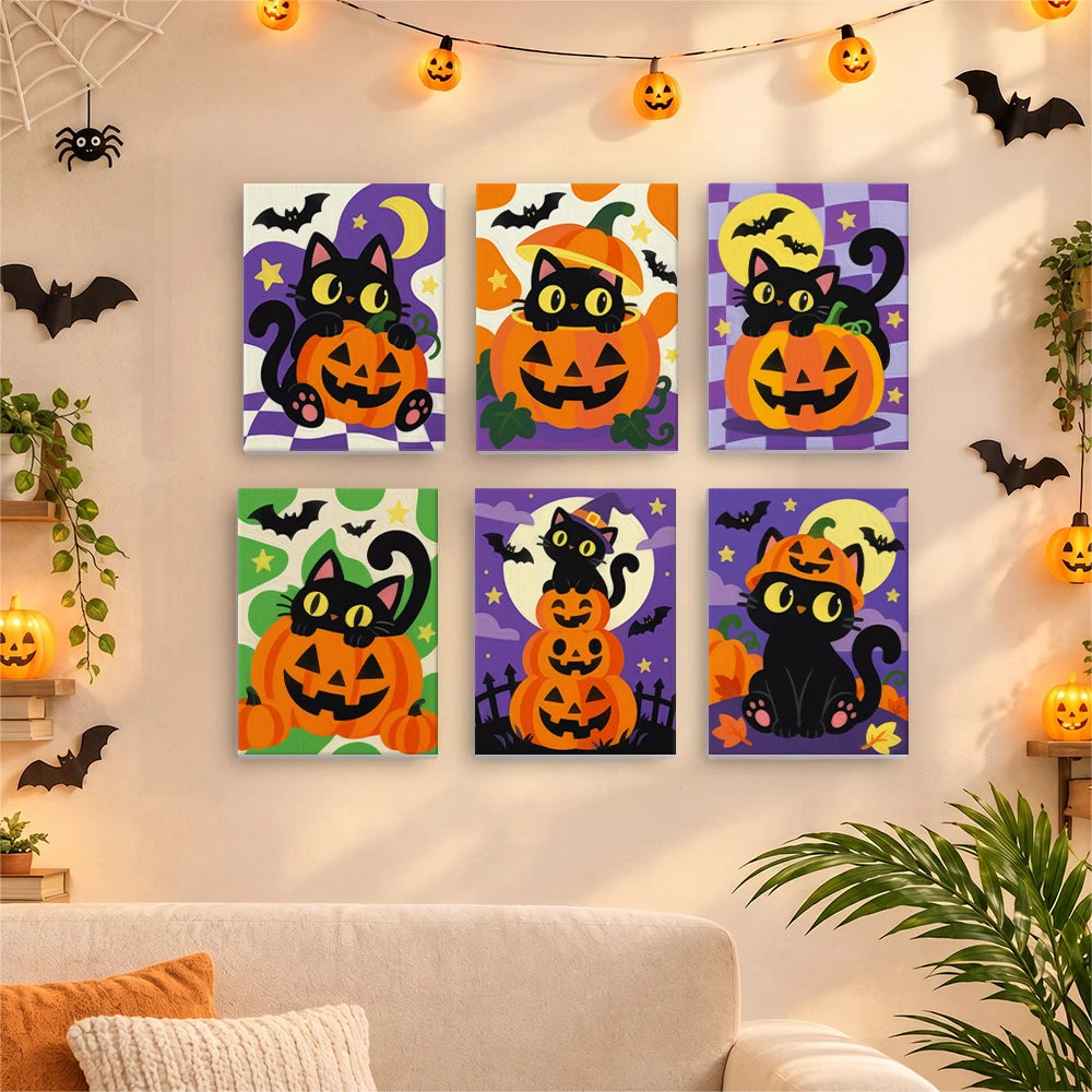 Paint by Numbers – 6 Mini Paintings | Black Cats on Jack-o'-Lanterns Set