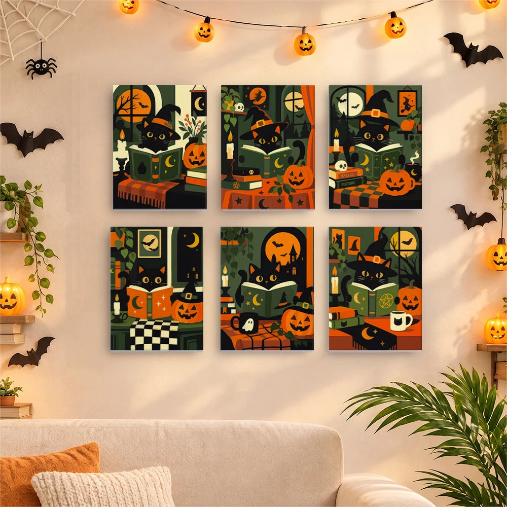 Paint by Numbers – 6 Mini Paintings | Black Cats with Spell Books Set