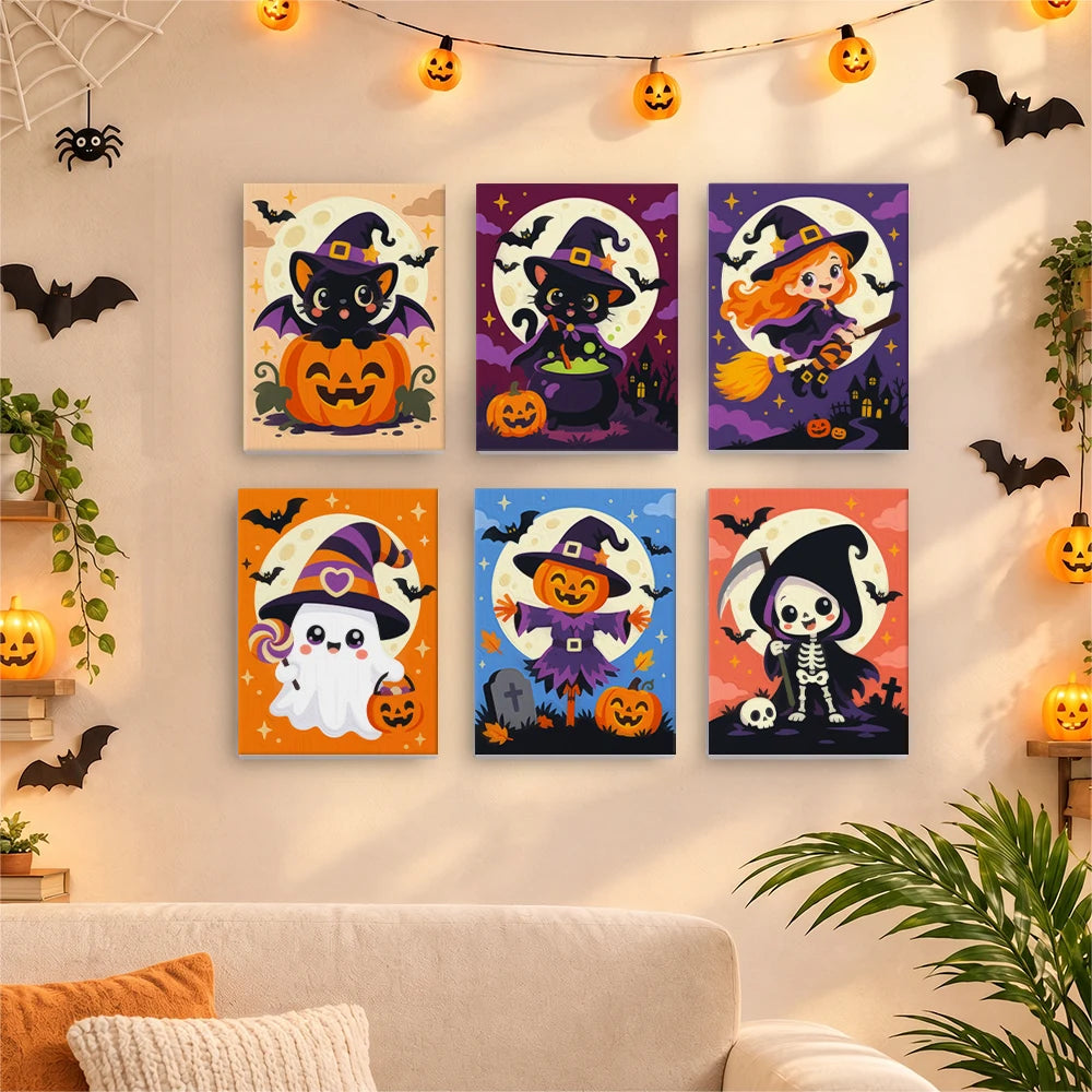 Paint by Numbers – 6 Mini Paintings | Cute Costume Characters Under the Moon Set