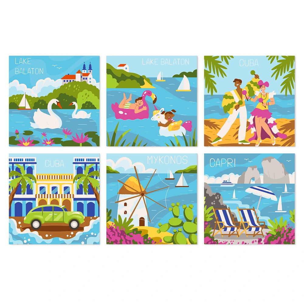 
Paint by Numbers – 6 Mini Paintings | European Holiday Postcards (Square)