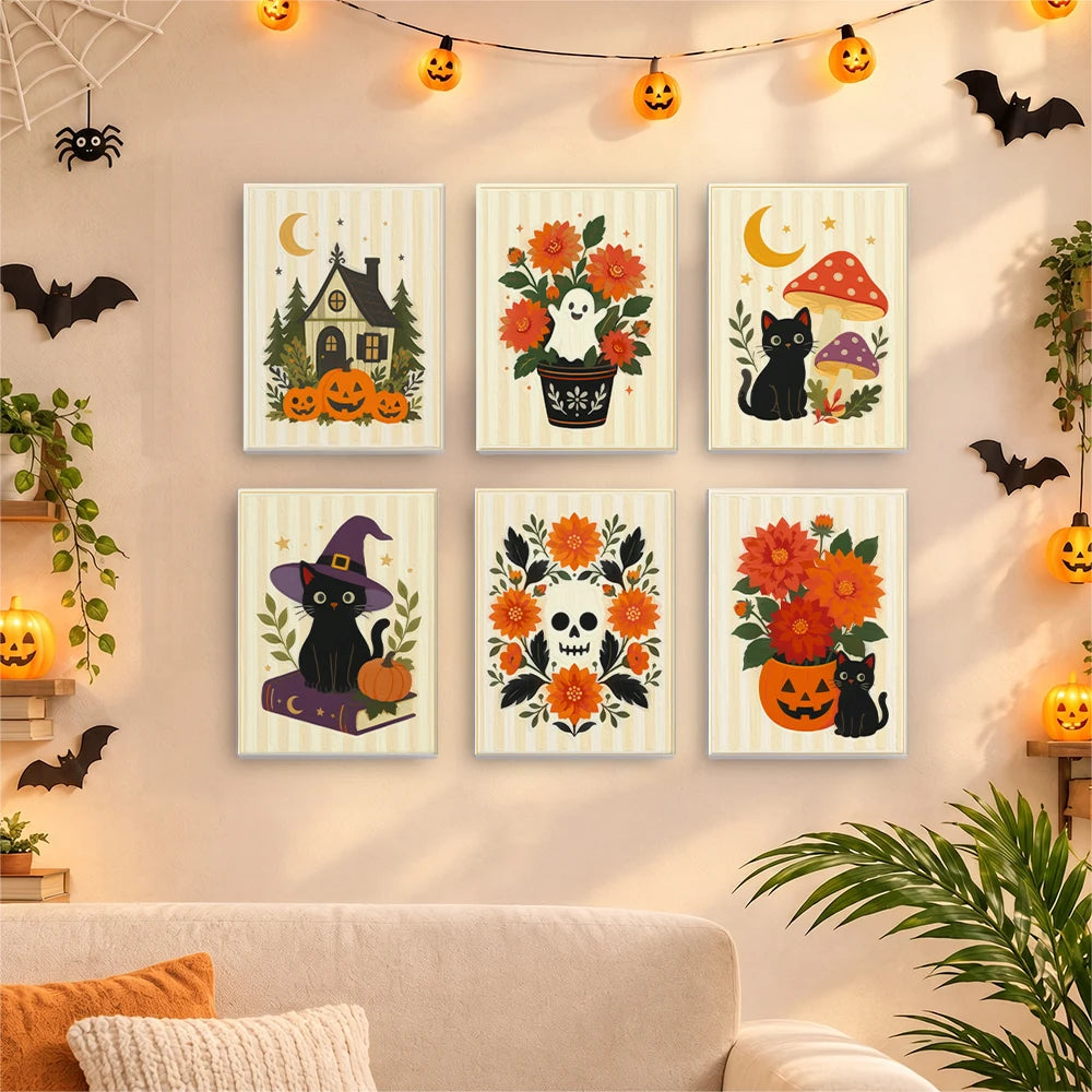 Paint by Numbers – 6 Mini Paintings | Floral Halloween Cats and Pumpkins Set