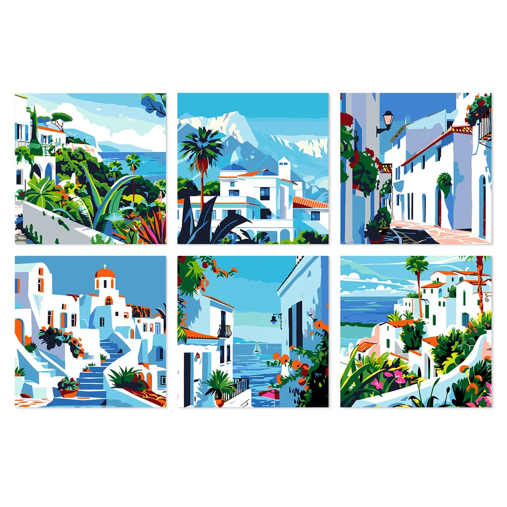 
Paint by Numbers – 6 Mini Paintings | Greek Island Alleys (Square)