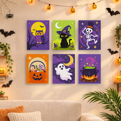 Paint by Numbers – 6 Mini Paintings | Owl, Cat and Dancing Skeleton Set