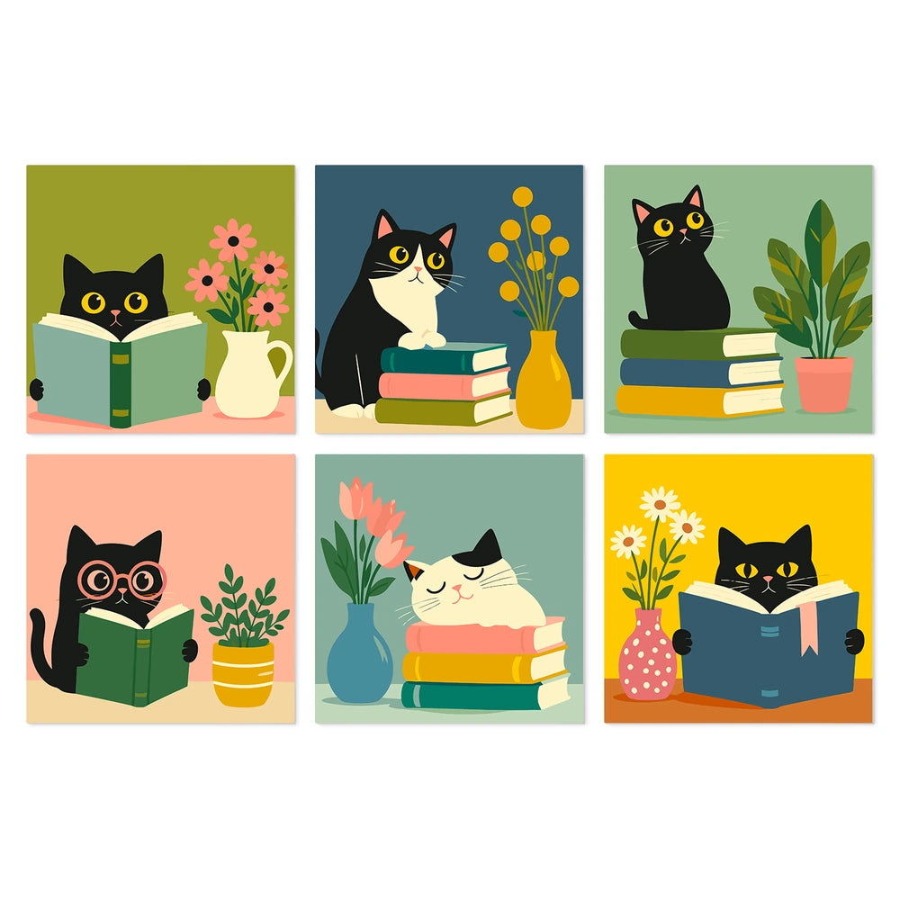 Paint by Numbers – 6 Mini Paintings | Reading Cats with Books (Square)