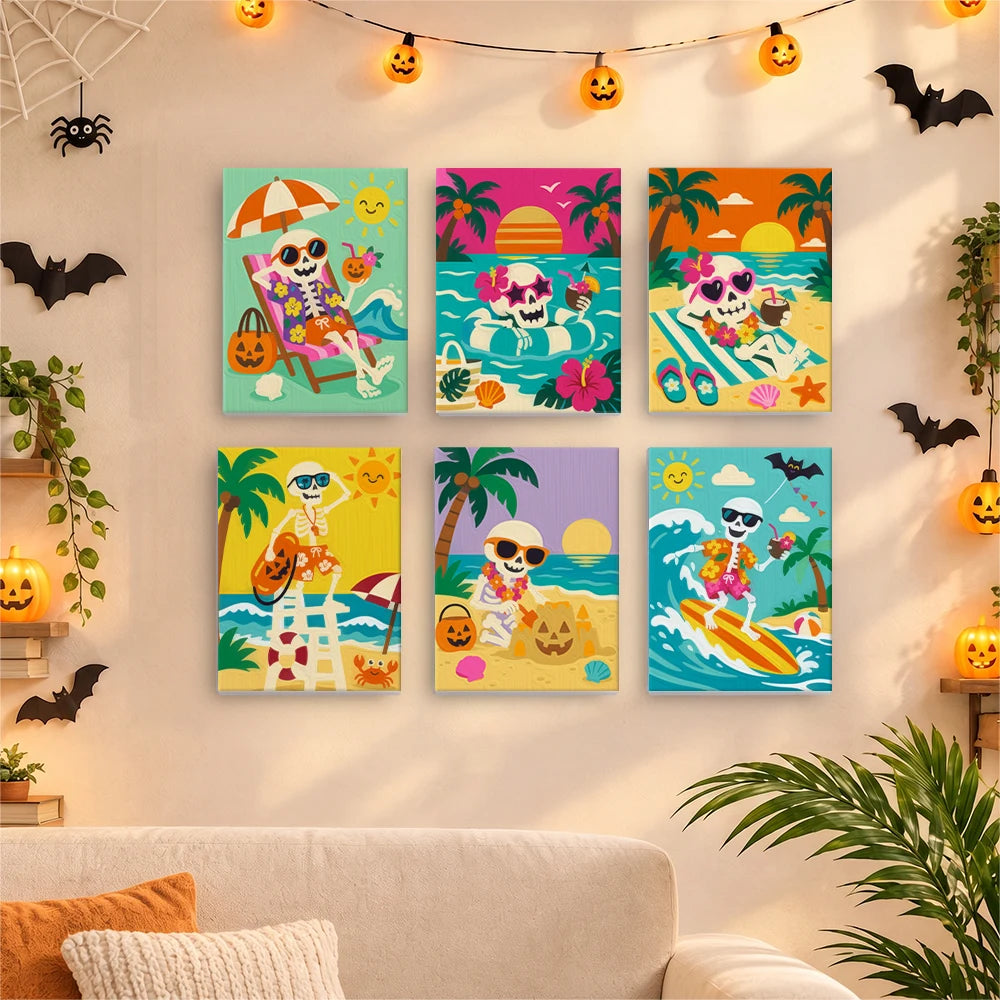Paint by Numbers – 6 Mini Paintings | Skeletons on Summer Vacation Set
