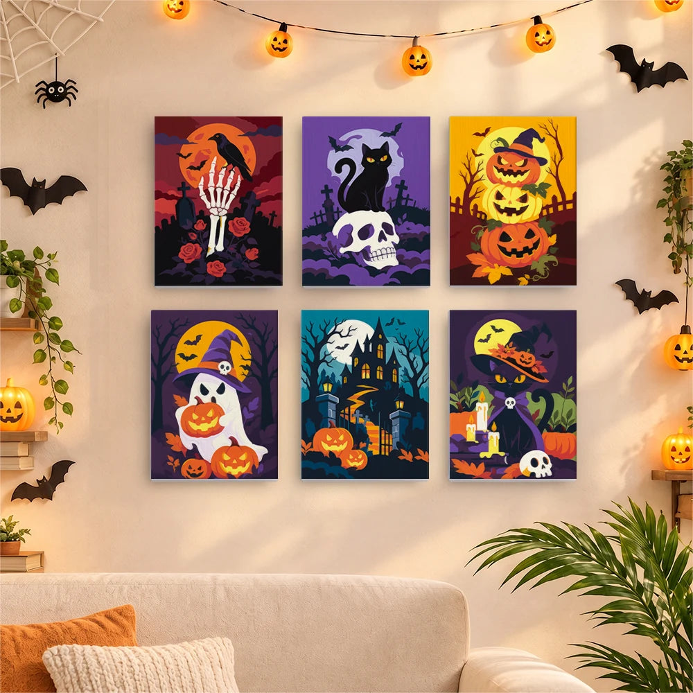 
Paint by Numbers – 6 Mini Paintings | Skulls and Pumpkins by Moonlight Set