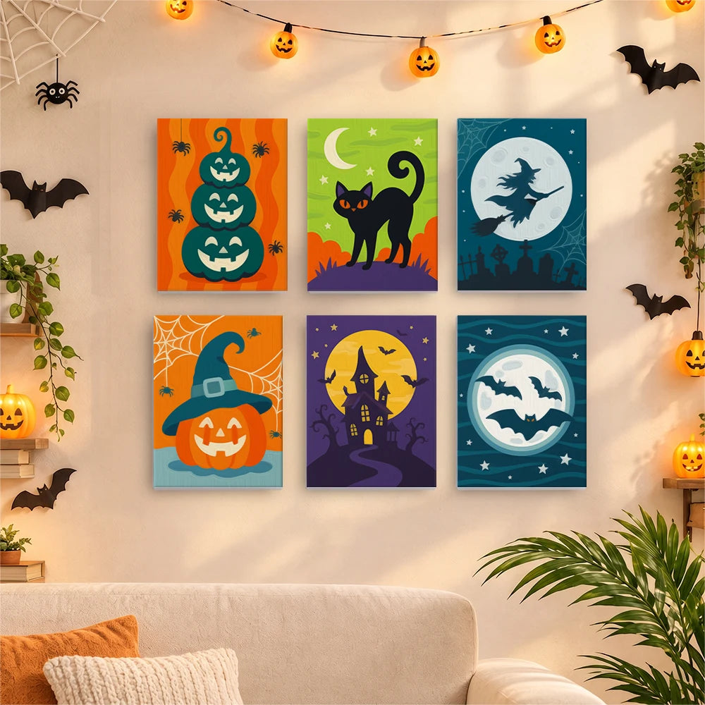 Paint by Numbers – 6 Mini Paintings | Teal Jack-o'-Lanterns and Black Cats Set