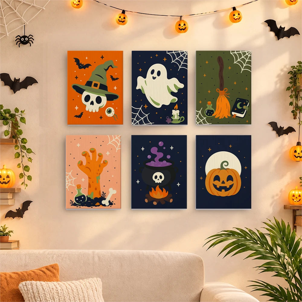 Paint by Numbers – 6 Mini Paintings | Witch Hat Skull and Broomstick Set