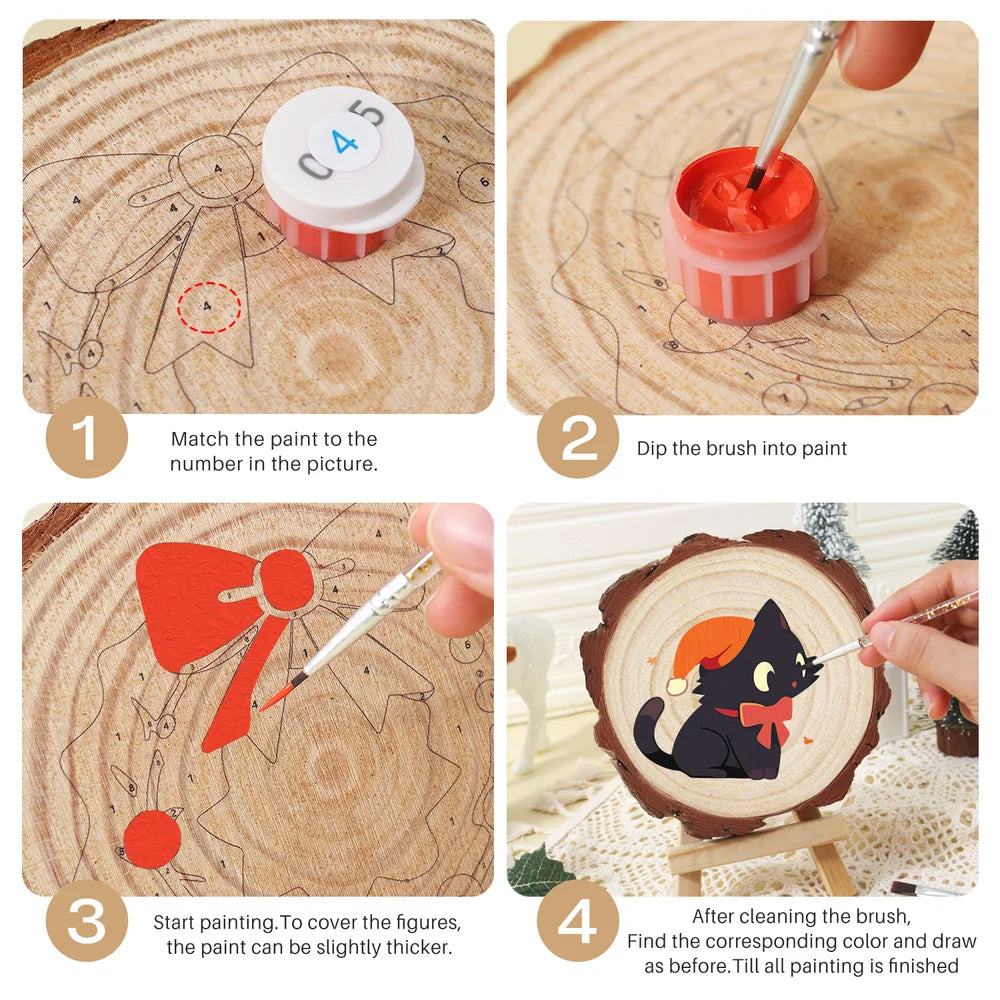 
Paint by Numbers - Wood Slice | Black Cat with an Orange Hat