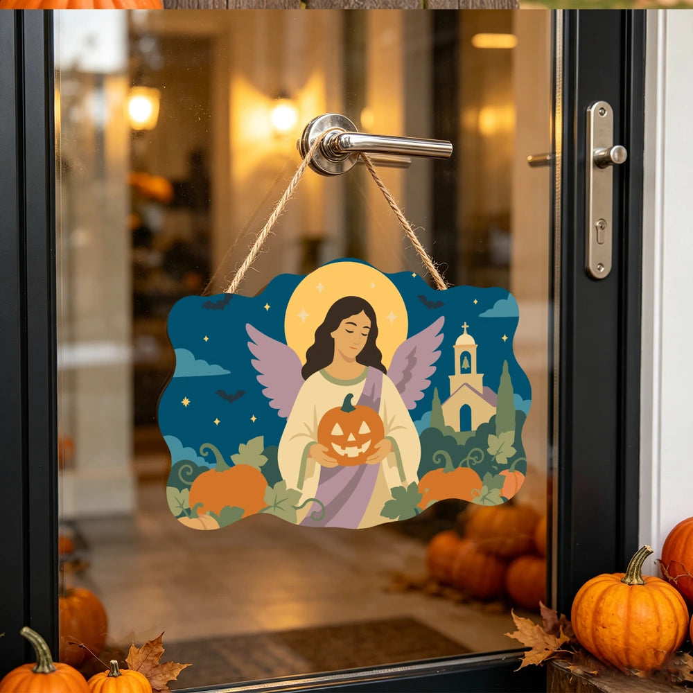 Paint by Numbers - Wooden Door Hanger | Angel with a Jack-o'-Lantern by the Church