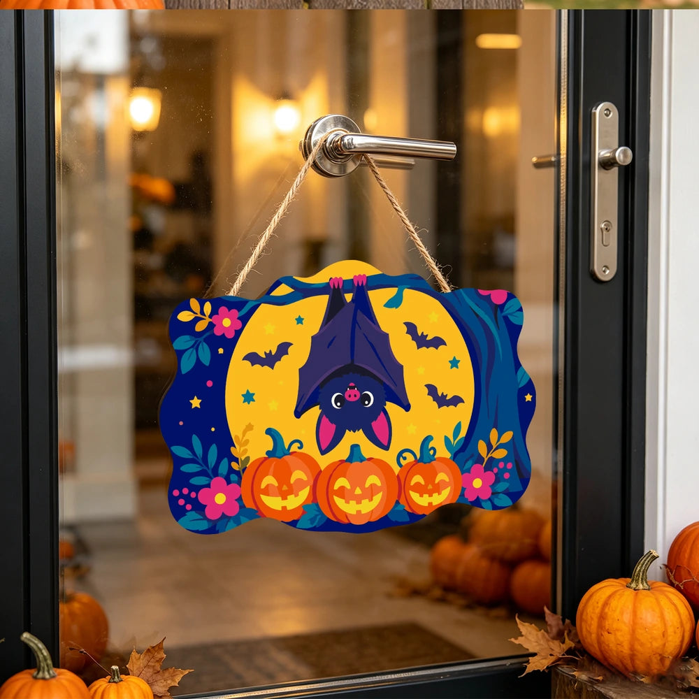 Paint by Numbers - Wooden Door Hanger | Bat Hanging Over the Pumpkins