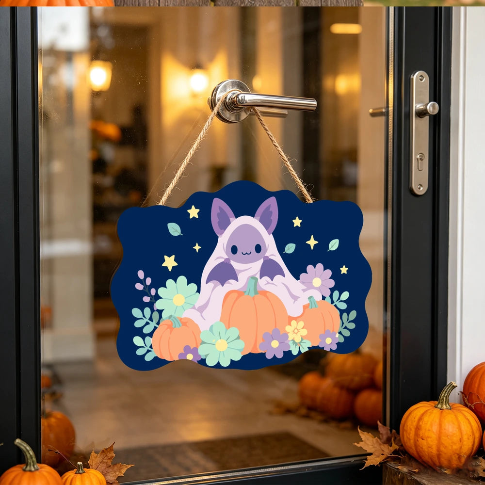 Paint by Numbers - Wooden Door Hanger | Bat on a Pumpkin with Flowers