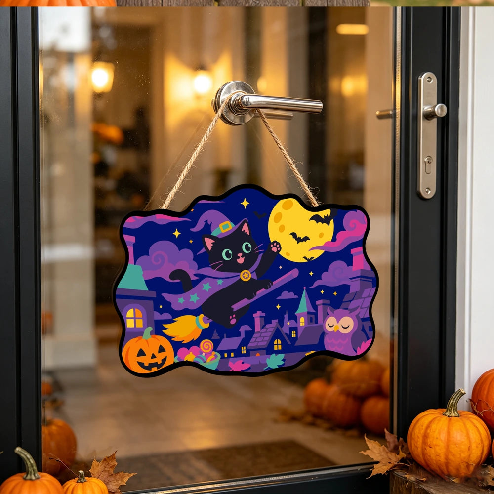 
Paint by Numbers - Wooden Door Hanger | Black Cat Witch Flying Over Town