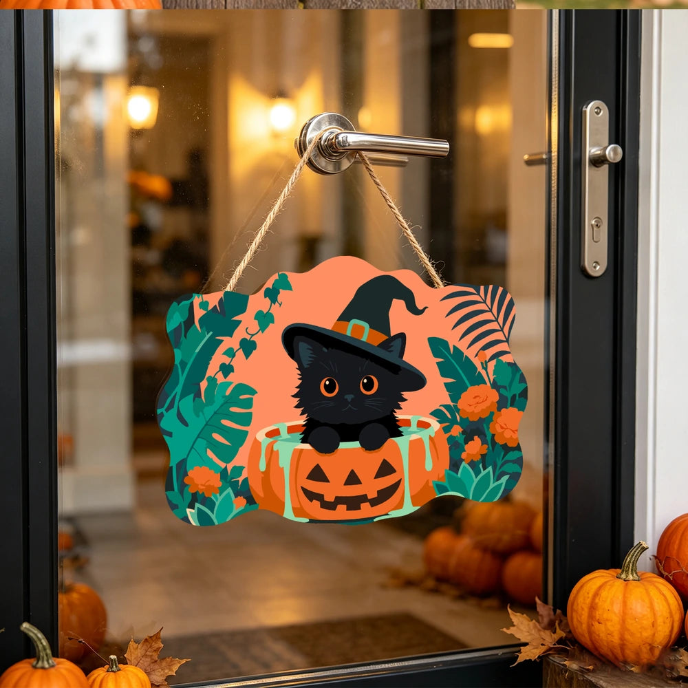 Paint by Numbers - Wooden Door Hanger | Black Cat Witch in a Pumpkin Tub