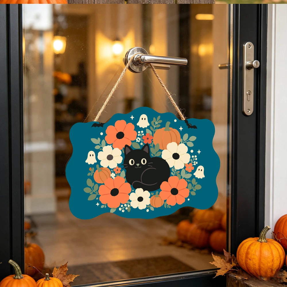 
Paint by Numbers - Wooden Door Hanger | Black Cat in a Flower Wreath