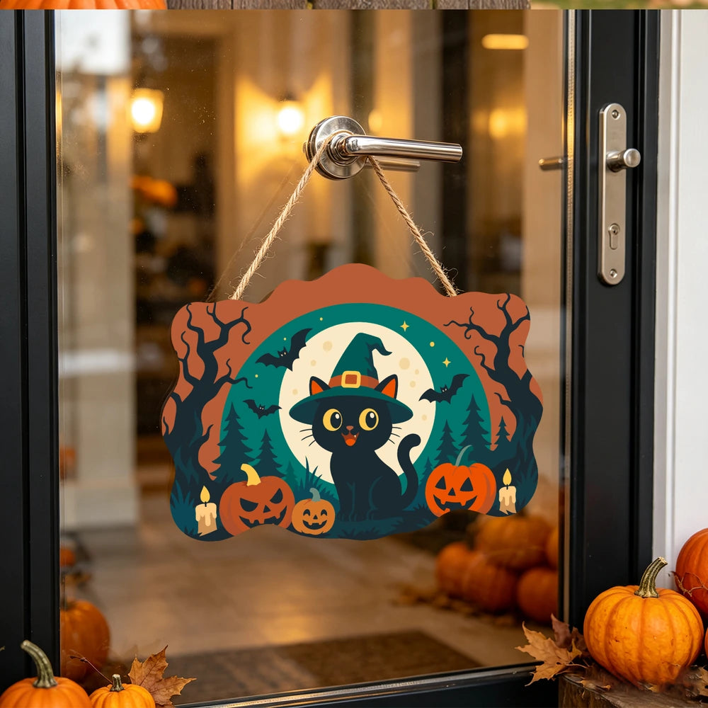 Paint by Numbers - Wooden Door Hanger | Black Cat in a Witch Hat with Pumpkins