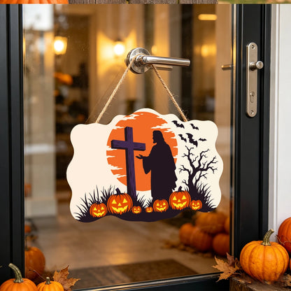 Paint by Numbers - Wooden Door Hanger | Cross at Sunset with Pumpkins