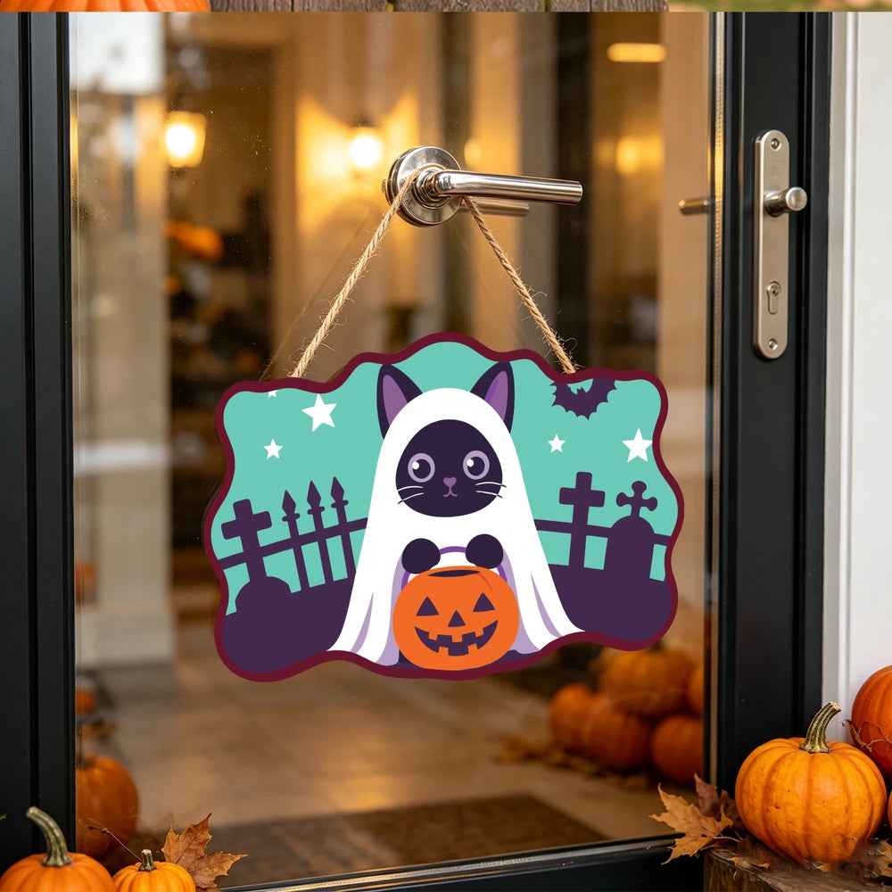 Paint by Numbers - Wooden Door Hanger | Ghost Cat with a Pumpkin