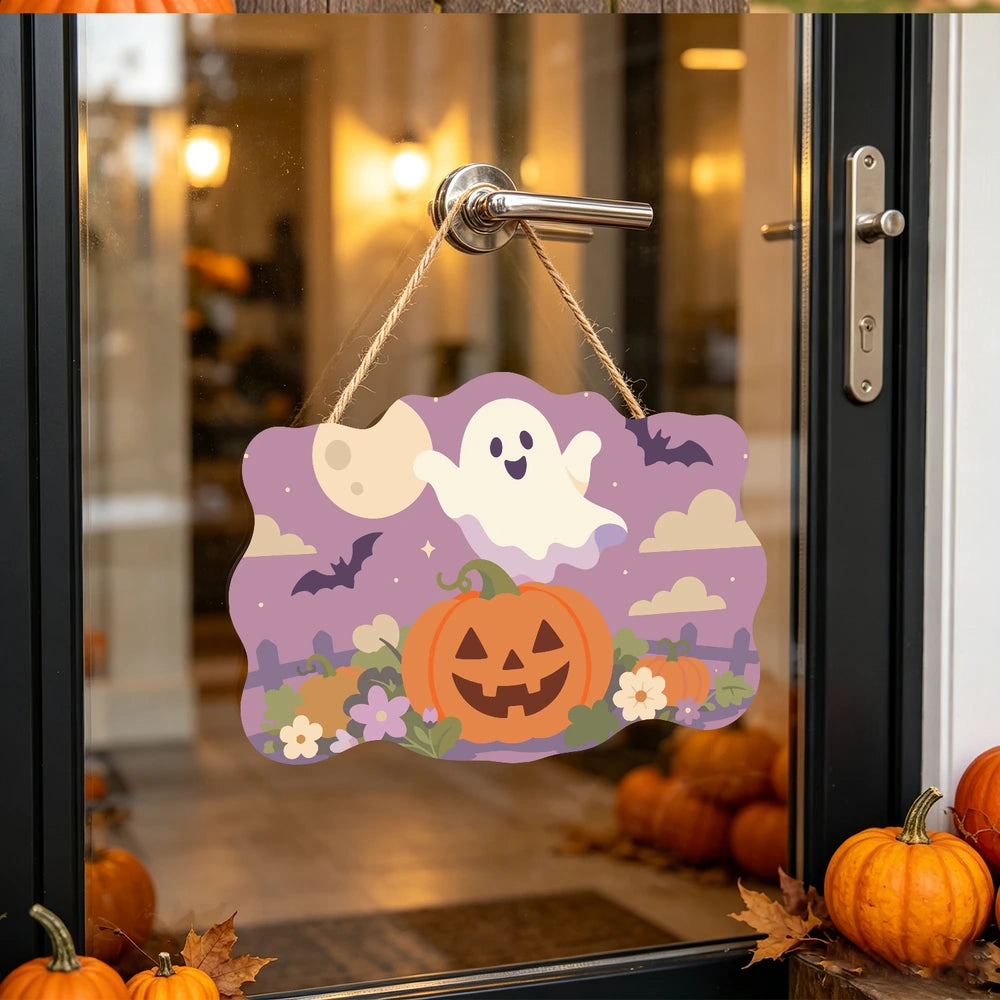 Paint by Numbers - Wooden Door Hanger | Ghost Over a Jack-o'-Lantern at Dusk