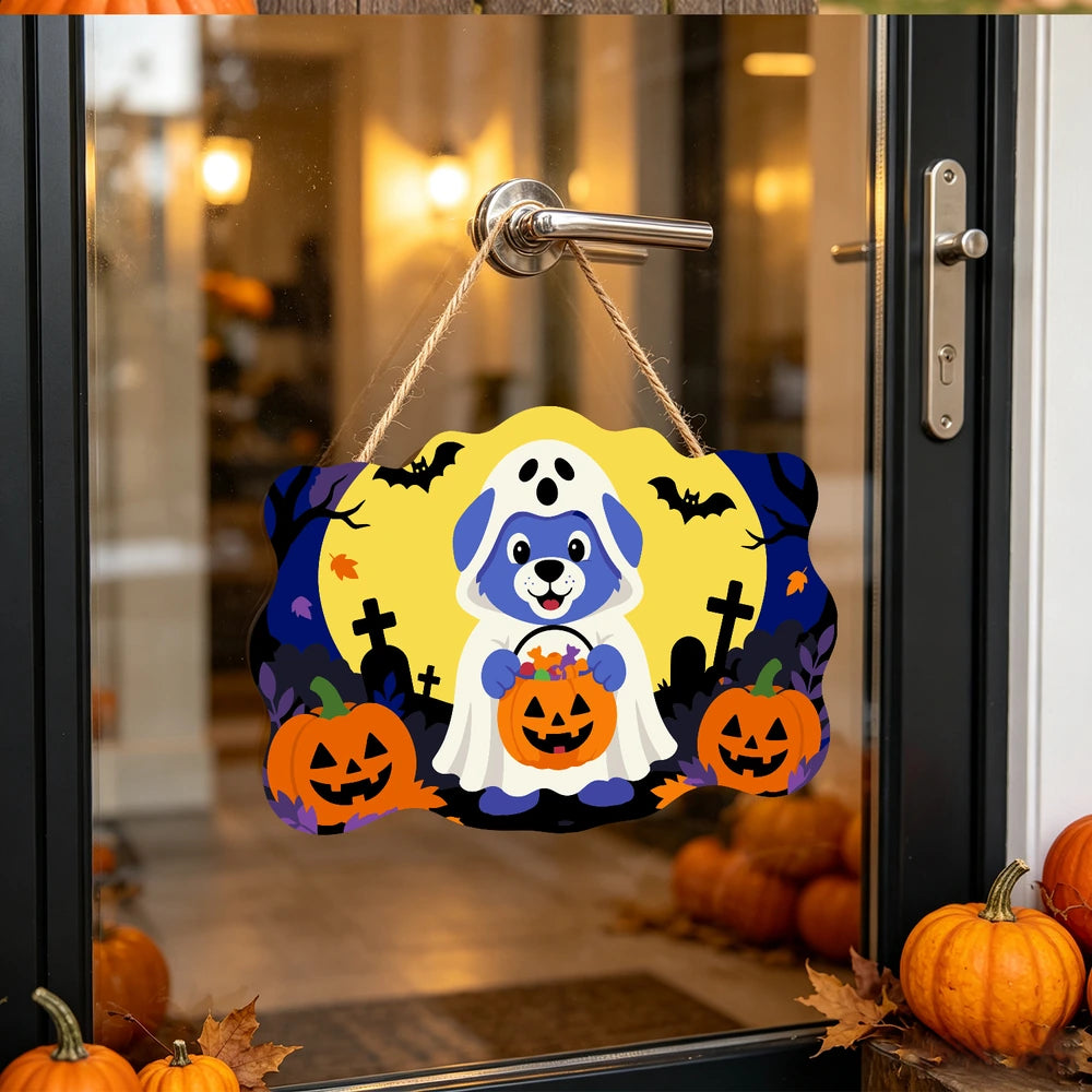 
Paint by Numbers - Wooden Door Hanger | Ghost Puppy with a Candy Bucket