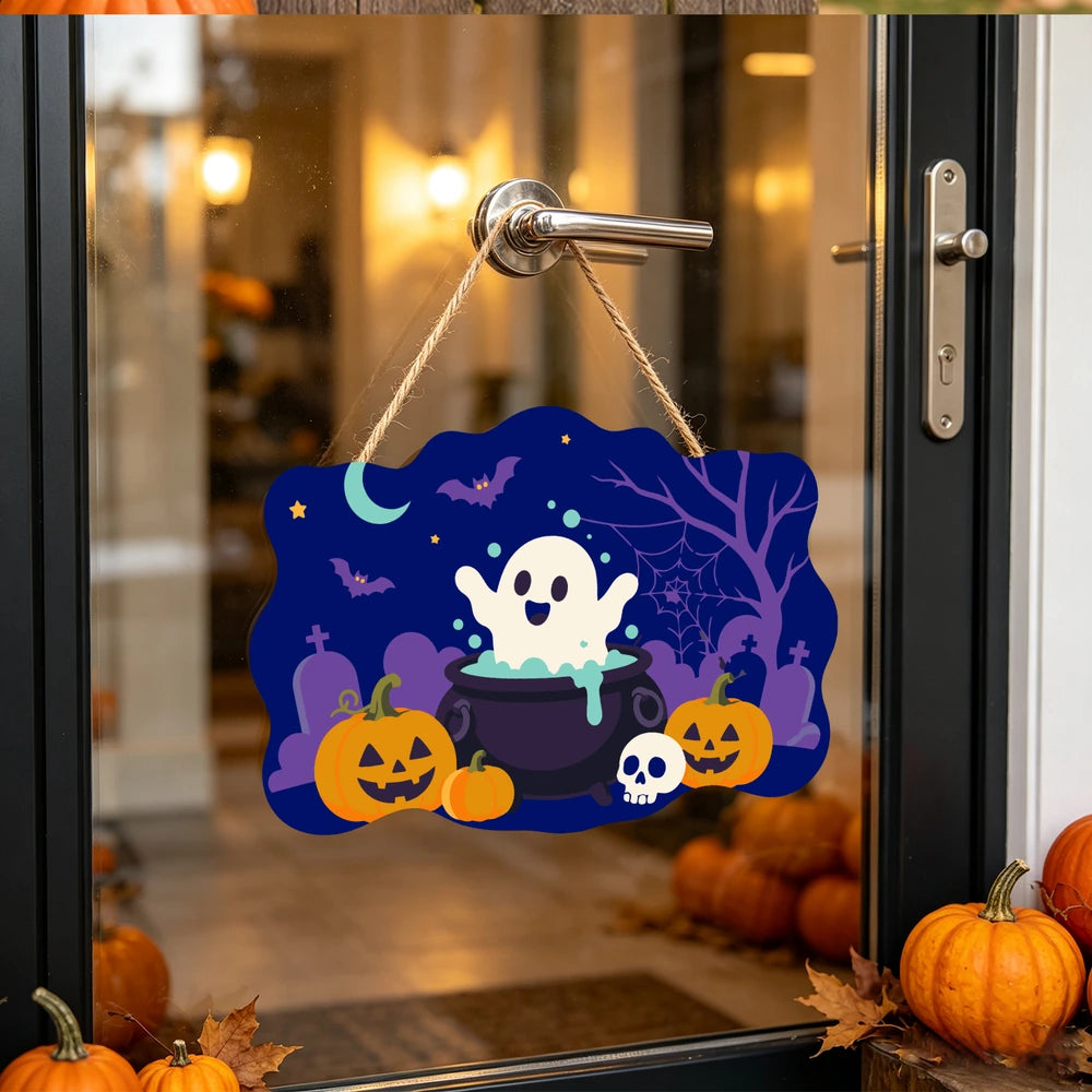 Paint by Numbers - Wooden Door Hanger | Ghost in a Cauldron in the Graveyard