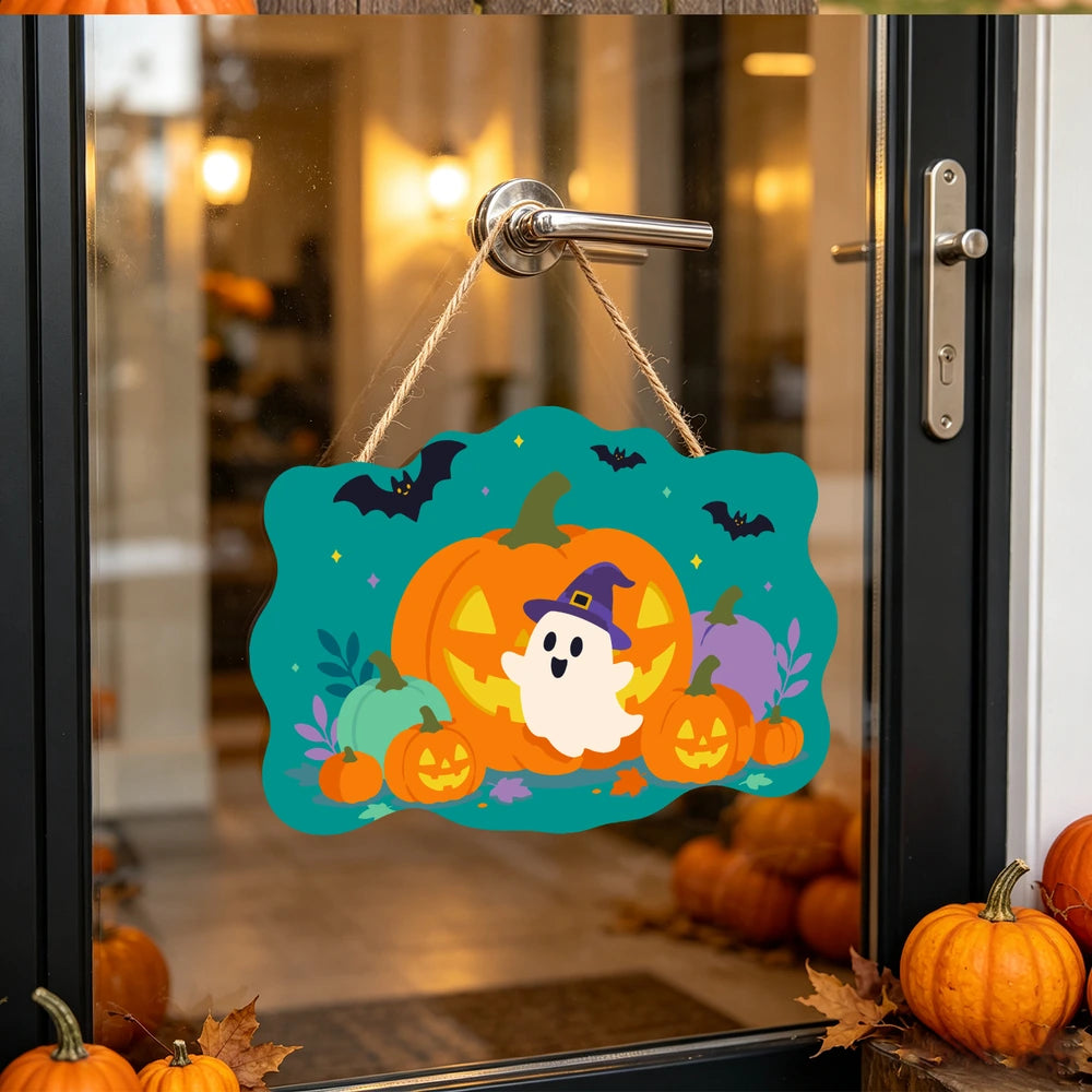 Paint by Numbers - Wooden Door Hanger | Ghost in a Witch Hat with Pumpkins