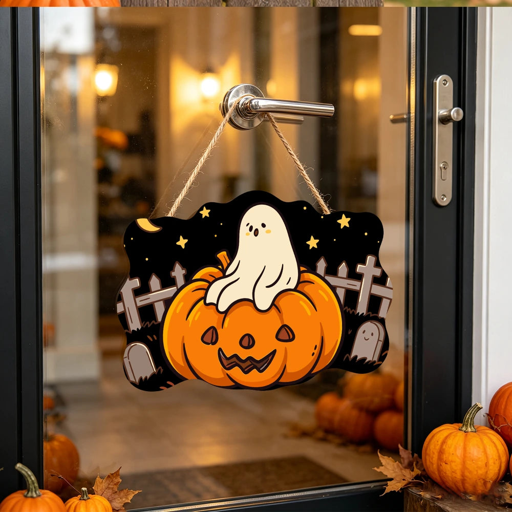 Paint by Numbers - Wooden Door Hanger | Ghost on a Jack-o'-Lantern in the Graveyard