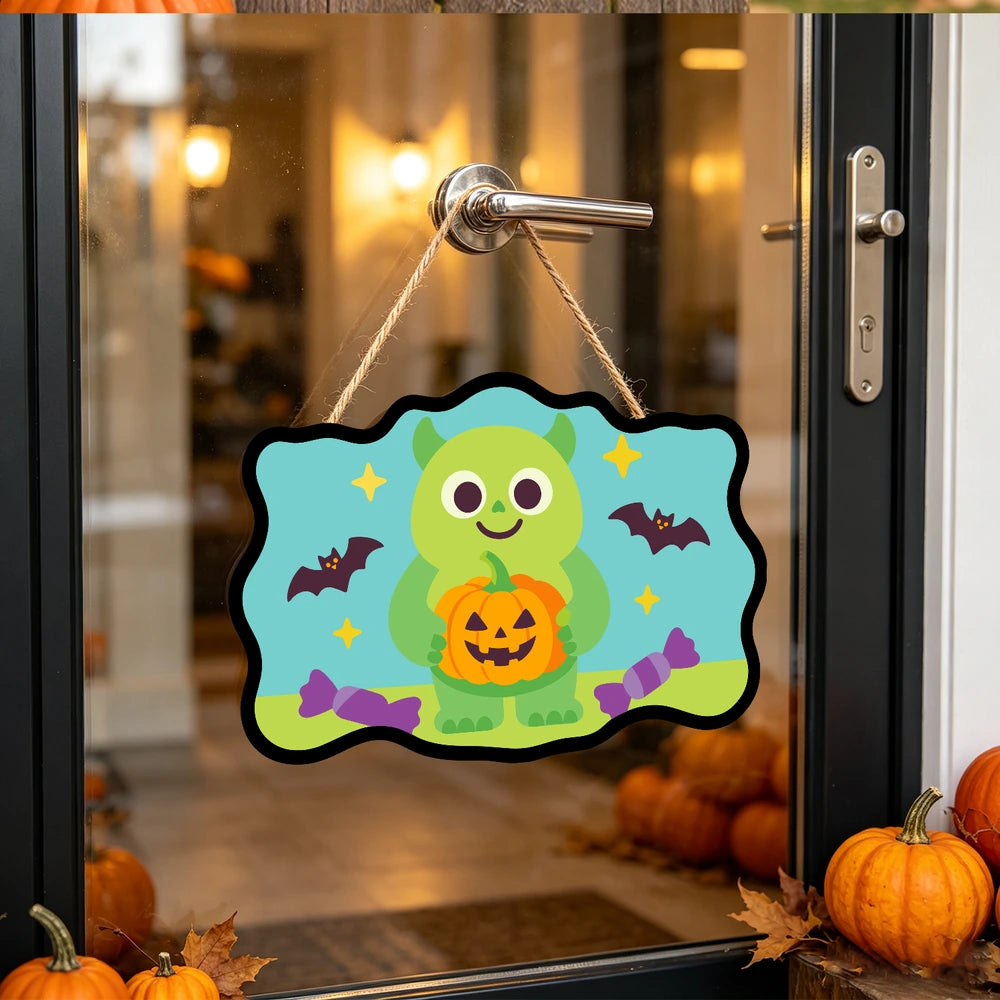 Paint by Numbers - Wooden Door Hanger | Green Monster with a Jack-o'-Lantern