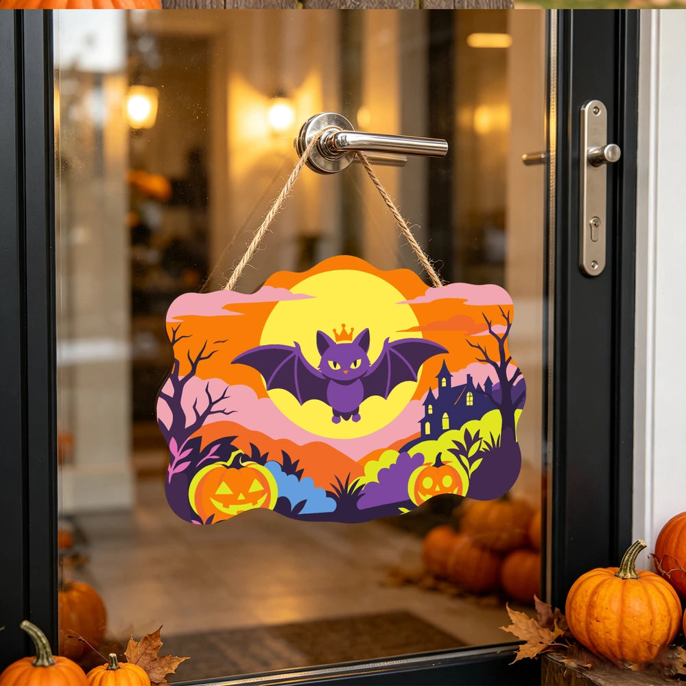 Paint by Numbers - Wooden Door Hanger | Happy Bat Over the Pumpkin Patch