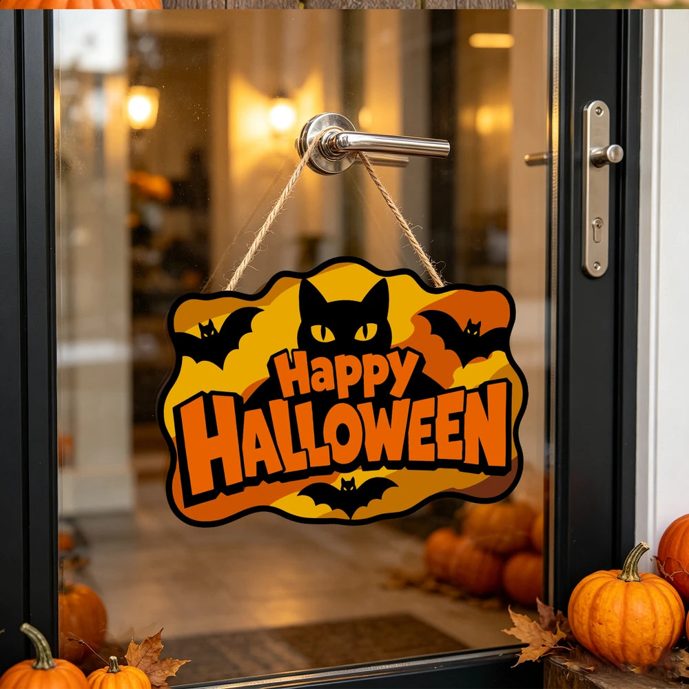 Paint by Numbers - Wooden Door Hanger | Happy Halloween Black Cat and Bats
