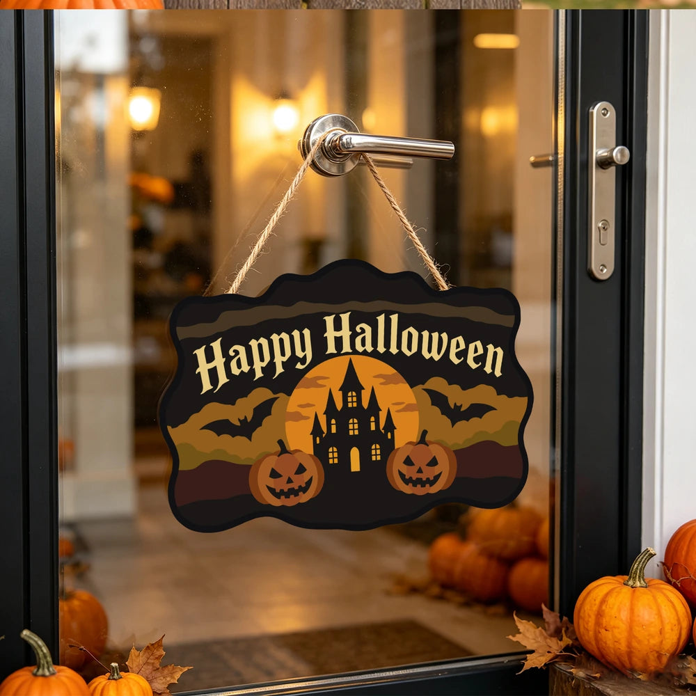 Paint by Numbers - Wooden Door Hanger | Happy Halloween Castle and Pumpkins