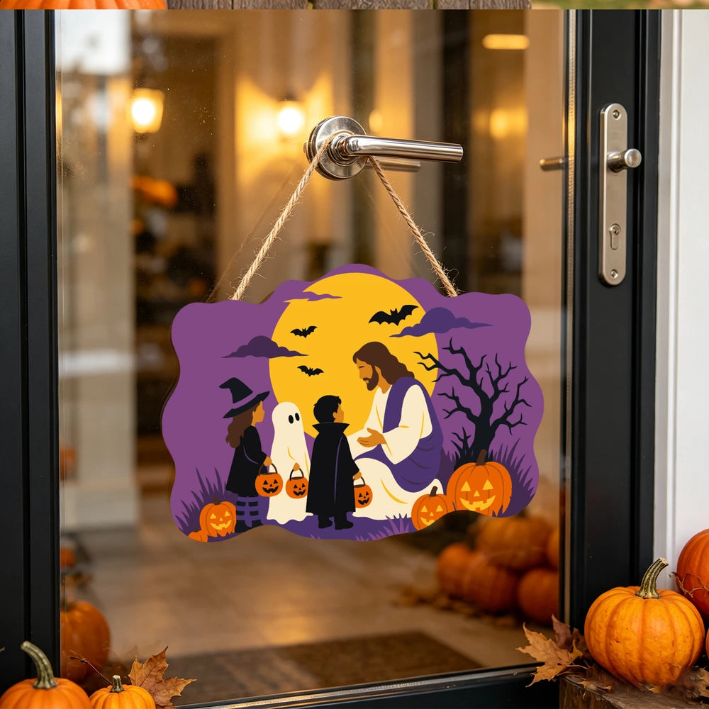 Paint by Numbers - Wooden Door Hanger | Jesus with Trick-or-Treaters