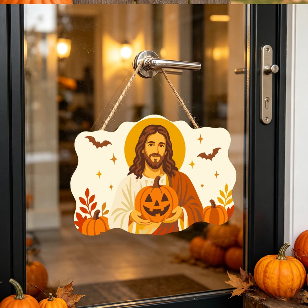 Paint by Numbers - Wooden Door Hanger | Jesus with a Jack-o'-Lantern in Autumn