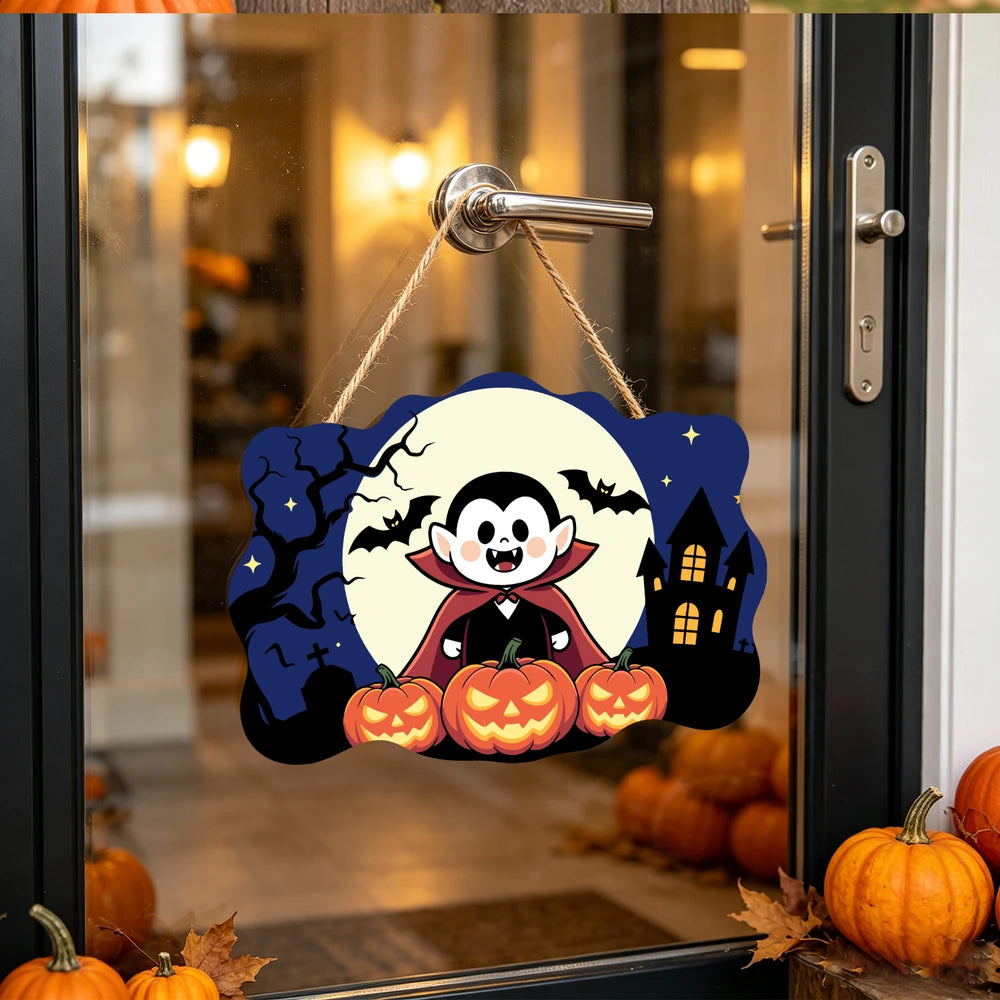 Paint by Numbers - Wooden Door Hanger | Little Vampire with Pumpkins