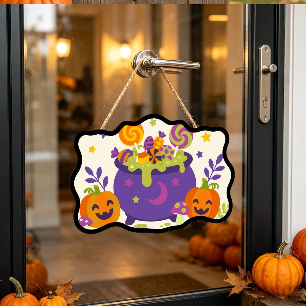 Paint by Numbers - Wooden Door Hanger | Lollipop Cauldron with Pumpkins