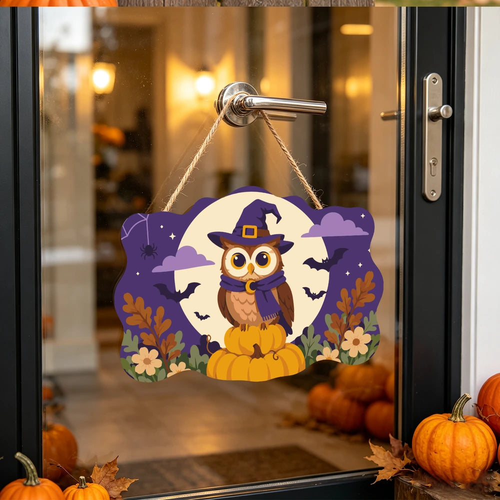 Paint by Numbers - Wooden Door Hanger | Owl in a Witch Hat in the Moon