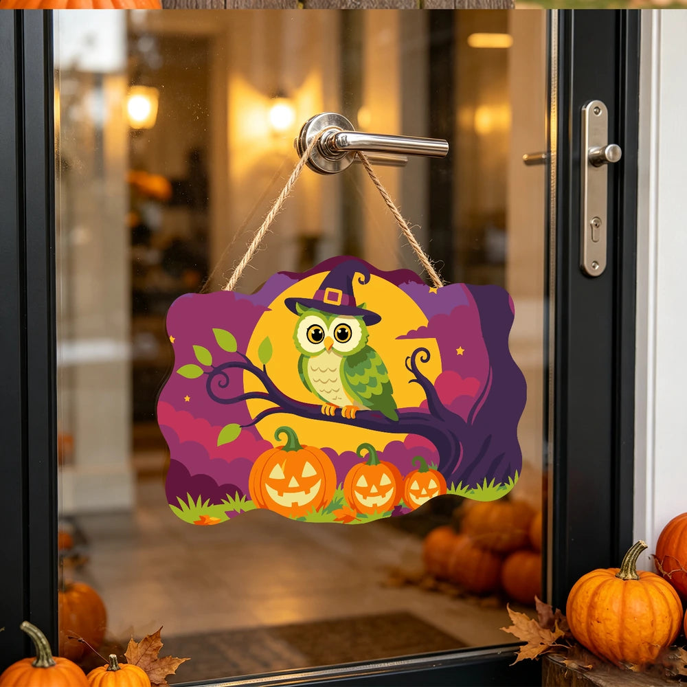 Paint by Numbers - Wooden Door Hanger | Owl in a Witch Hat on a Branch