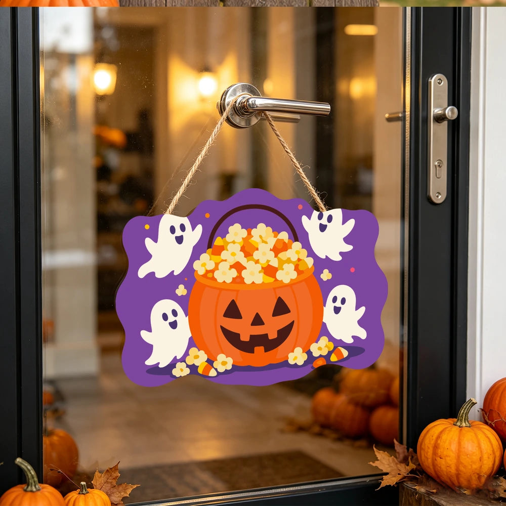 Paint by Numbers - Wooden Door Hanger | Popcorn Pumpkin Bucket with Ghosts