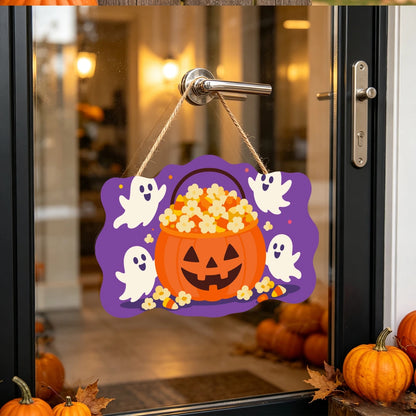 Paint by Numbers - Wooden Door Hanger | Popcorn Pumpkin Bucket with Ghosts