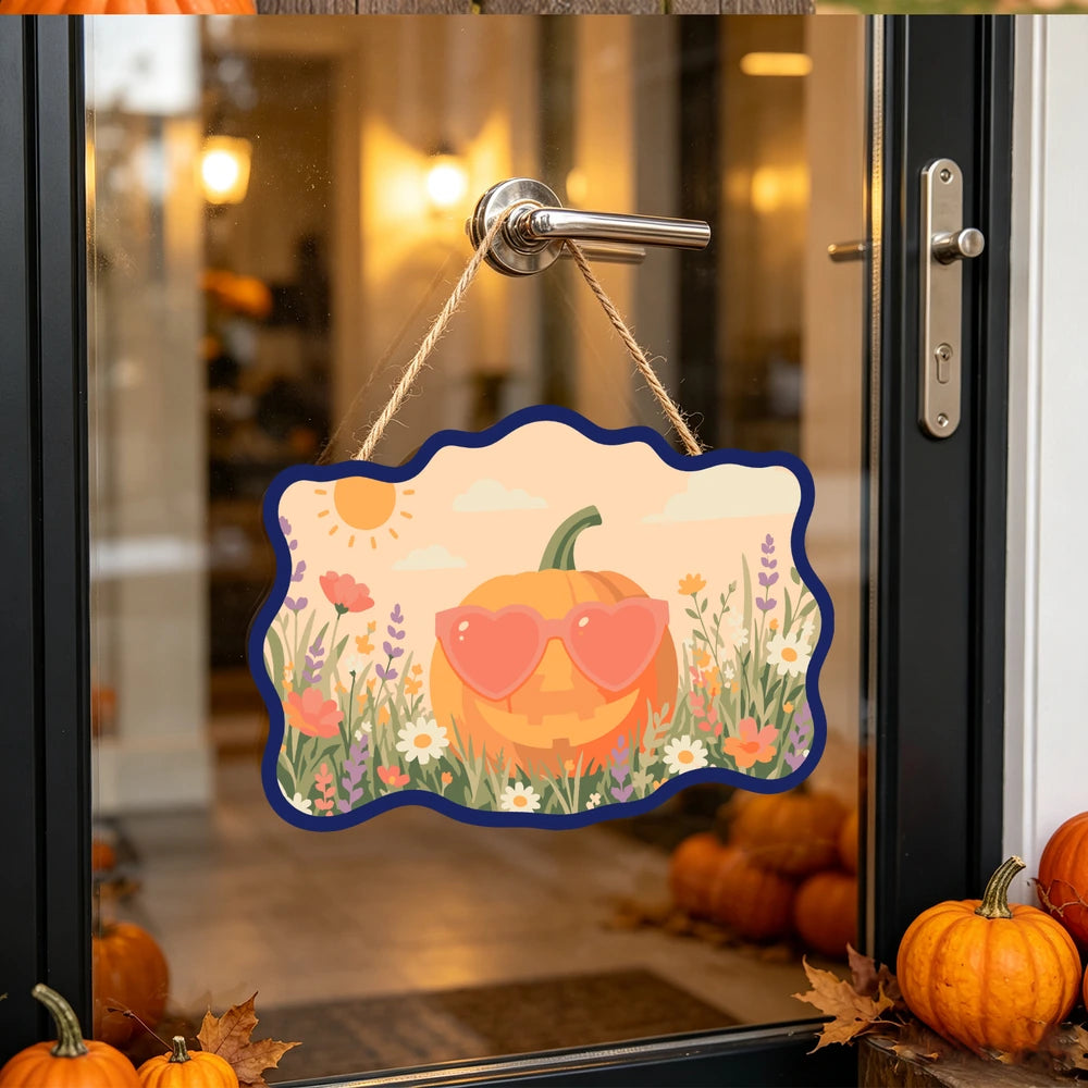 
Paint by Numbers - Wooden Door Hanger | Pumpkin with Heart Sunglasses in the Meadow