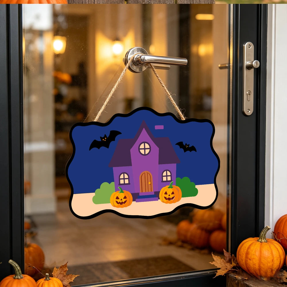 Paint by Numbers - Wooden Door Hanger | Purple Haunted House with Pumpkins