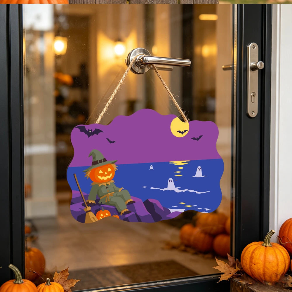 
Paint by Numbers - Wooden Door Hanger | Scarecrow by the Sea at Night