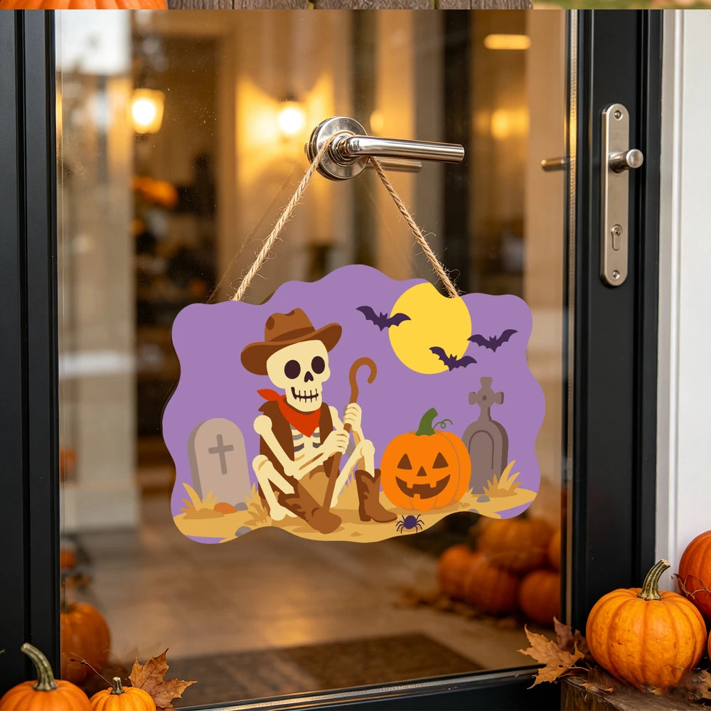 Paint by Numbers - Wooden Door Hanger | Skeleton Cowboy in the Graveyard