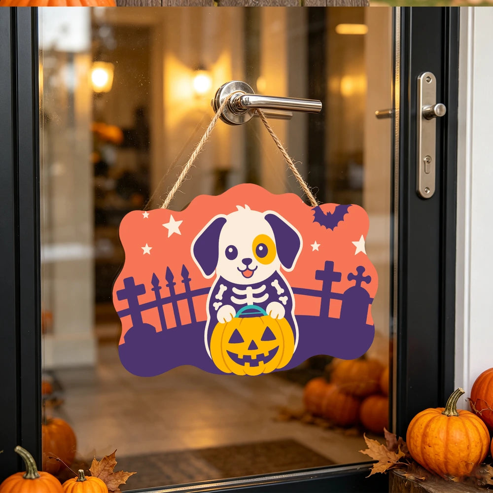 Paint by Numbers - Wooden Door Hanger | Skeleton Puppy with a Pumpkin