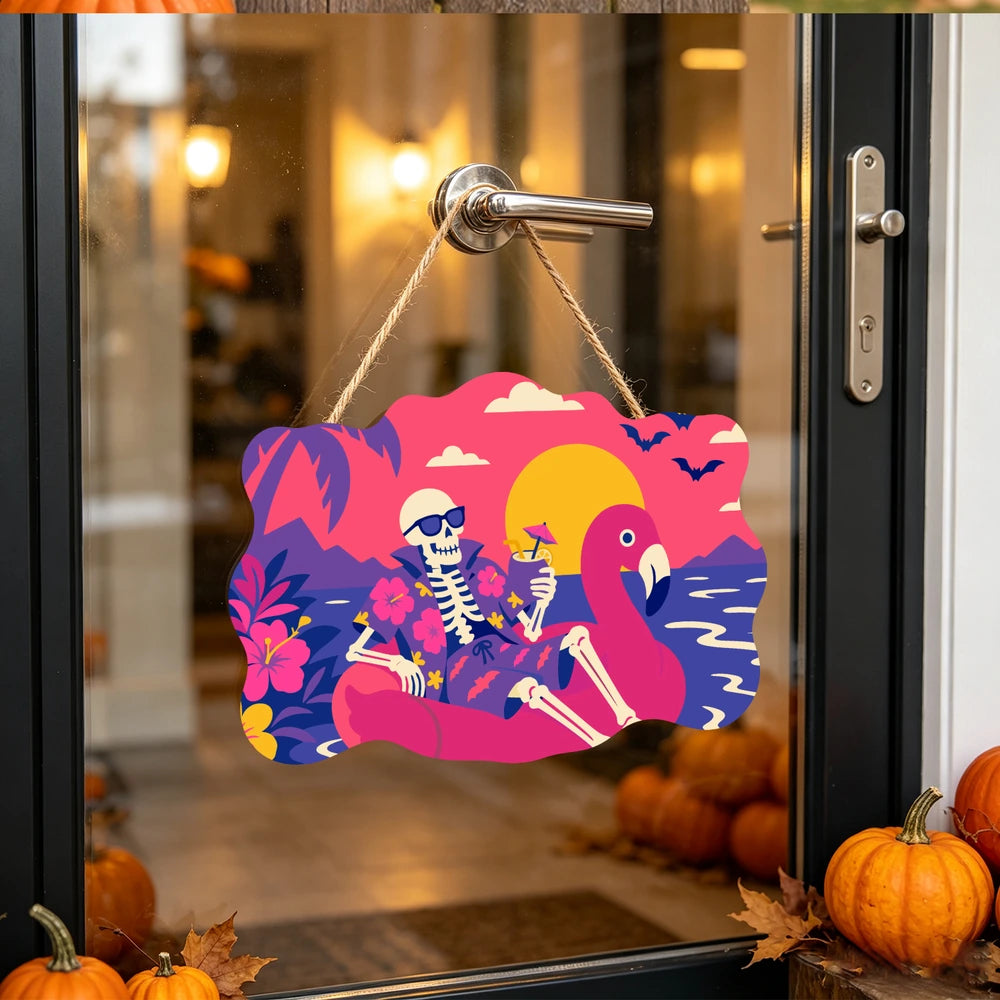 Paint by Numbers - Wooden Door Hanger | Skeleton on a Flamingo Float