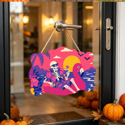 Paint by Numbers - Wooden Door Hanger | Skeleton on a Flamingo Float