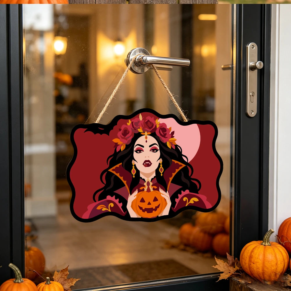 
Paint by Numbers - Wooden Door Hanger | Vampire Queen with a Jack-o'-Lantern