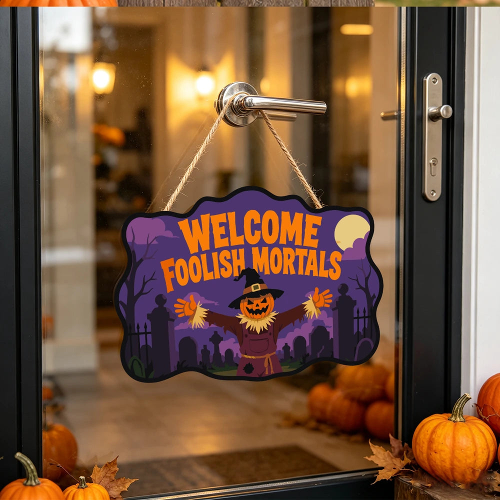 Paint by Numbers - Wooden Door Hanger | Welcome Foolish Mortals Pumpkin Scarecrow